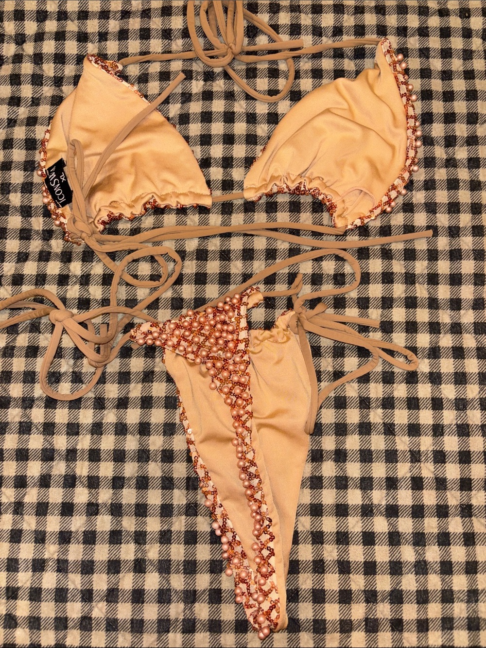 Beaded Triangle Bikini Set in Peach Pink - Picture 4 of 7